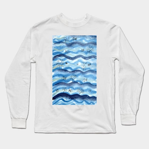 Whimsical Fish Pattern in Watercolor and Ink Long Sleeve T-Shirt by Sandraartist